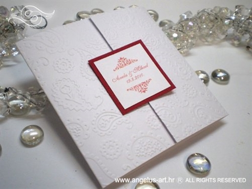 bijela pozivnica za vjenčanje s 3D uzorkom i crvenim tiskom