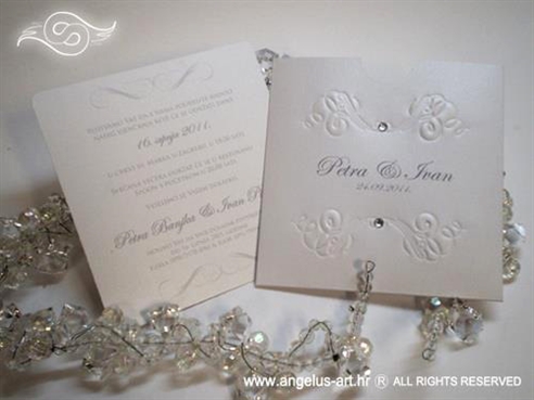 bijela pozivnica za vjenčanje s cirkonima i tiskom na kuverti