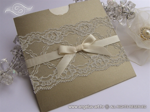 wedding invitation with lace in cream and gold colour