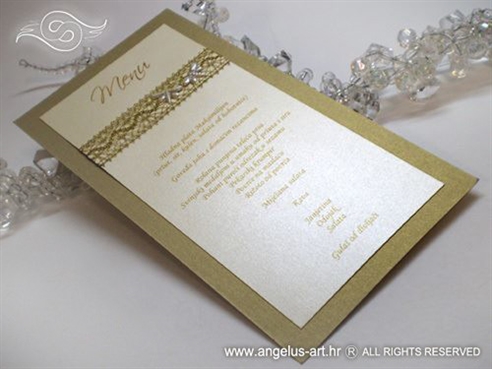 šampanj zlatni menu za vjenčanje s mrežom i leptirima