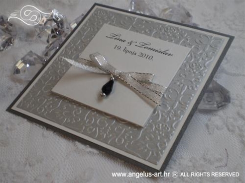 srebrna pozivnica za vjenčanje s perlom i mašnicom