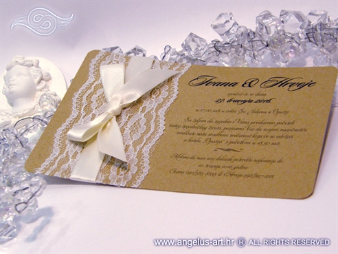 vintage retro lace wedding invitation with cream bow